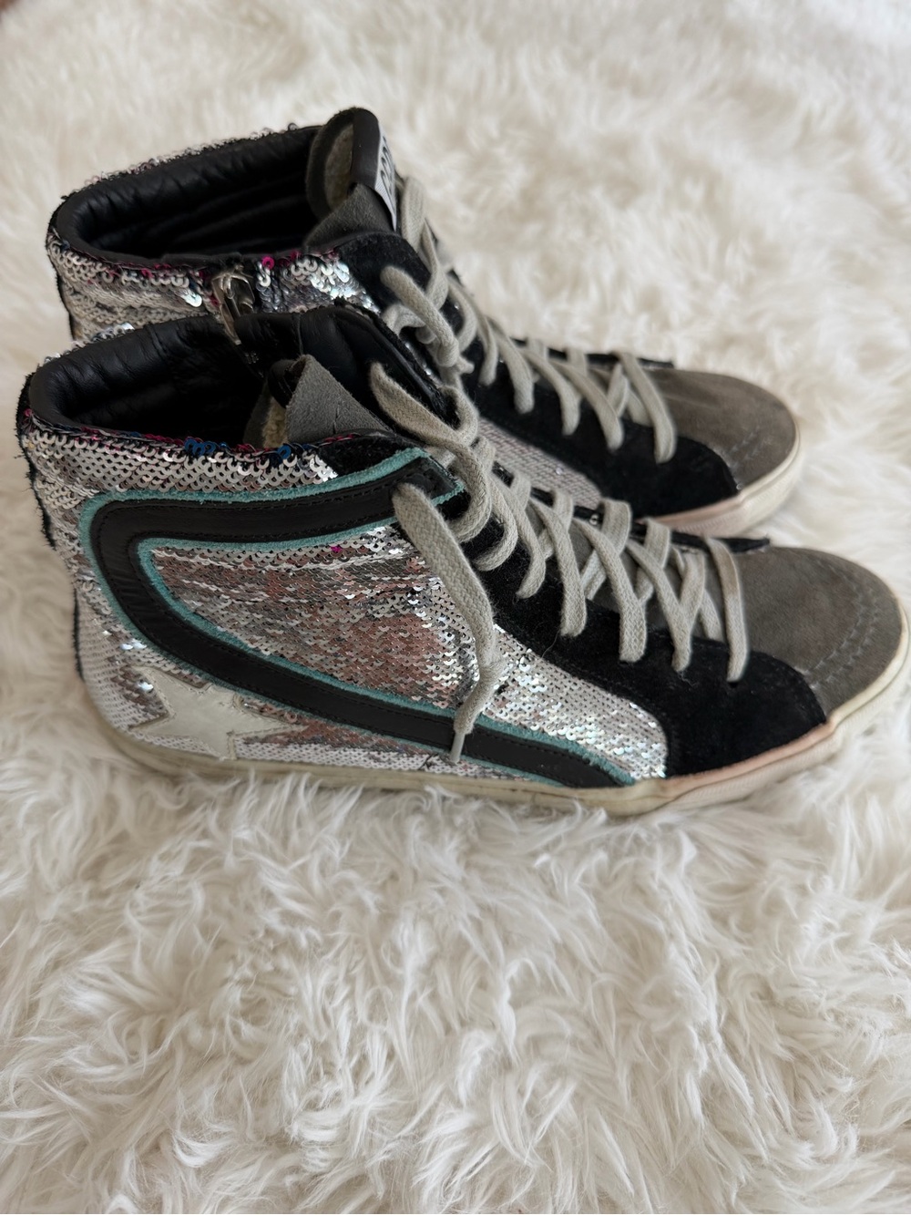 Golden Goose Slide Silver Sequin Black Suede High-Top Sneakers Size 38 US 8